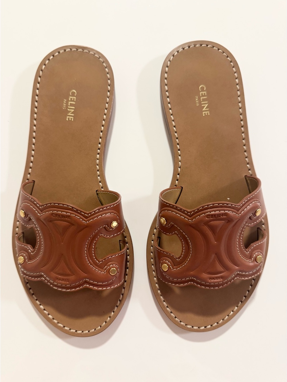 ♥️ Celine Tan Leather Slide Sandals with Gold Rivet Detail